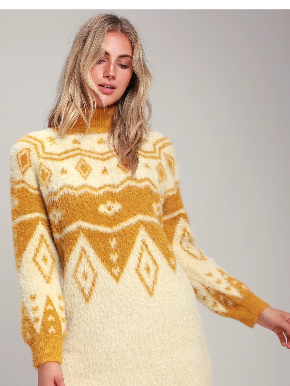 Honey Punch Mustard & Cream Fair Isle Turtleneck Sweater Dress S/M